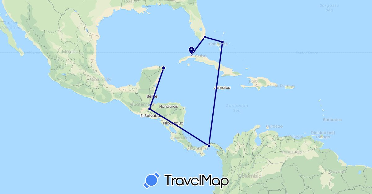 TravelMap itinerary: driving in Bahamas, Cuba, Honduras, Mexico, Panama, United States (North America)